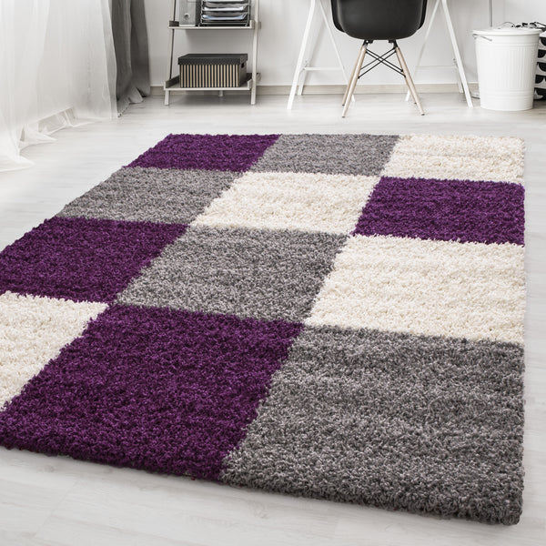 Hochflor Teppich Shaggy Karo – Moderner Stil für Ihr Zuhause Violett 1501- Product vendor