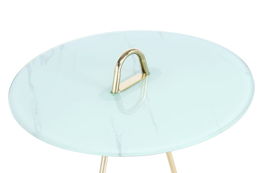 Design Beistelltisch Gold Weiß: Der Pendulum 525 mit seiner einzigartigen Pendelform und luxuriöser Marmoroptik ist ein echter Blickfang in jedem modernen Zuhause.