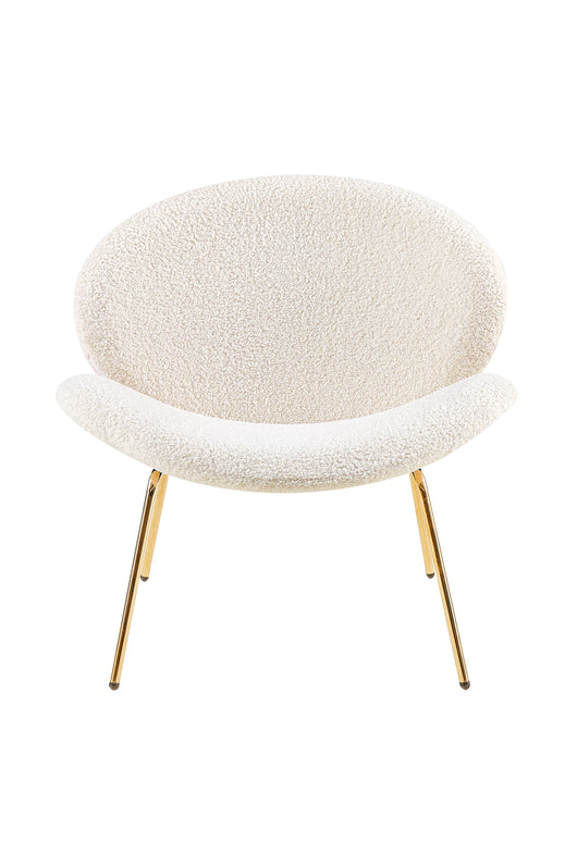 Der trendige Stuhl mit Bouclé-Stoff in Beige ist die ideale Wahl für alle, die Design und Bequemlichkeit suchen.