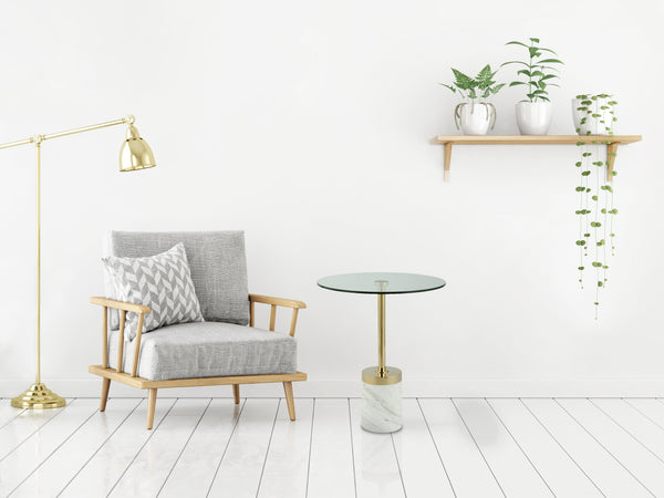 Moderner Beistelltisch Glasplatte: Der Lana 125 in Gold/Weiß überzeugt mit seiner robusten Glasplatte und dem eleganten Design – perfekt für jeden Wohnraum.