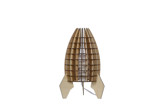 Tischlampe mit Holzfuß: Erleben Sie die besondere Lichtstimmung dieser Holzlampe in Raketenform. Ideal für gemütliche Abende.