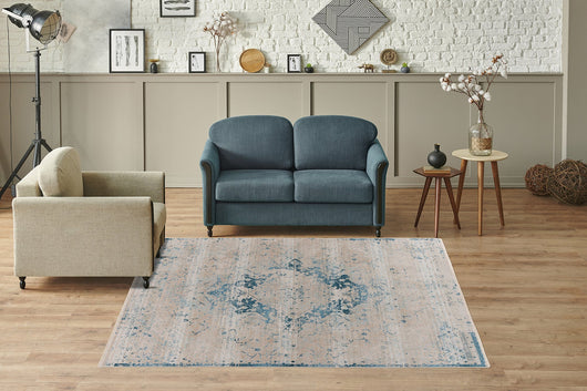 Dilan 225 Blau Teppich - Weicher Kurzflorteppich im Vintage-Look- Product vendor