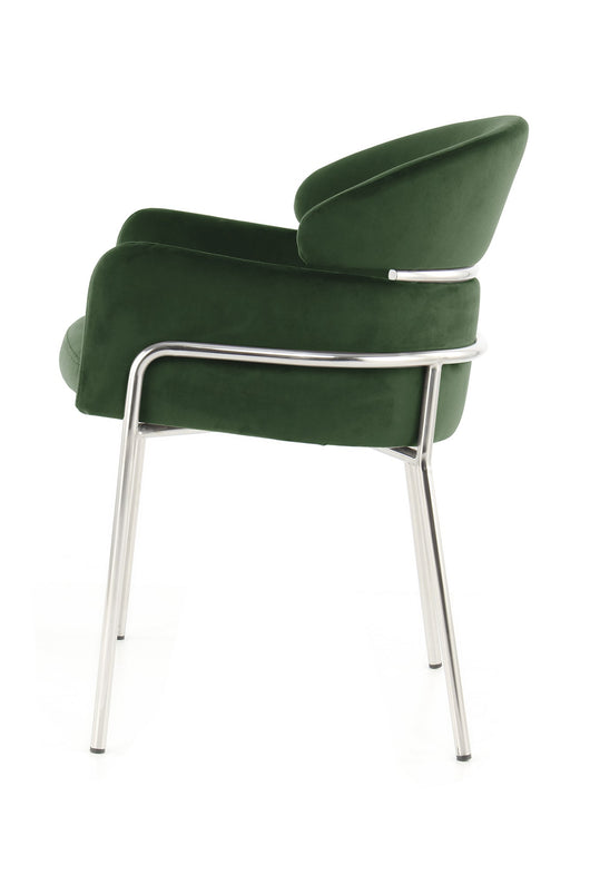 Robuste Eleganz: Der Stuhl Grün Elva 125 mit stabilem Eisengestell.